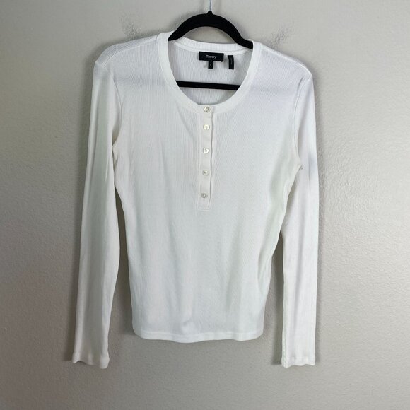 Theory Womens Large White Long Sleeve Henley Shirt Ribbed Stretch Top - Picture 6 of 8